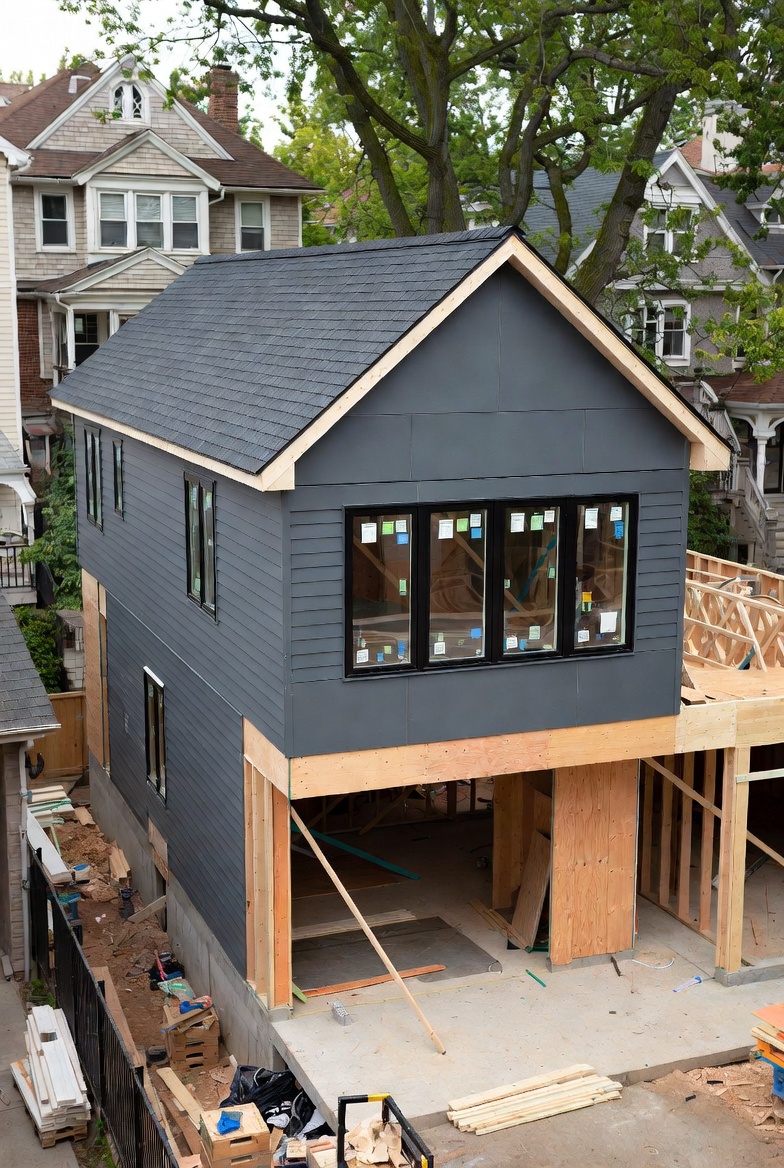 Finished two-storey addition — dark cladding, gable roof, large picture windows