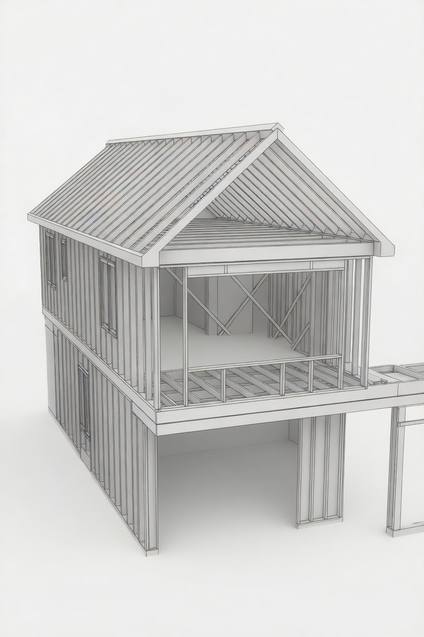 3D framing design — two-storey addition, wall & roof rough framing