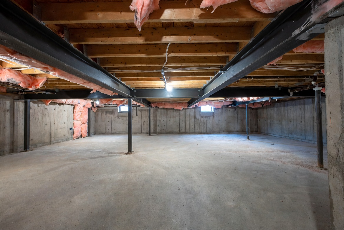 Unfinished basement — exposed joists and concrete