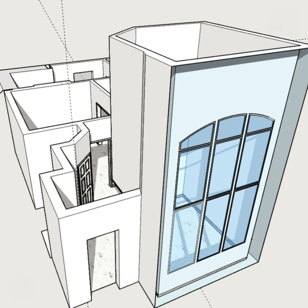3D rendering — arched window detail and interior